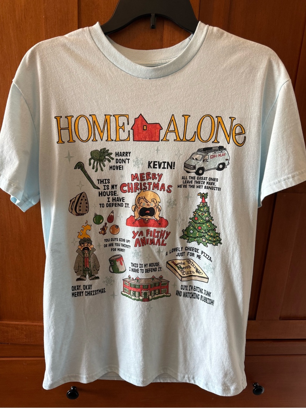 Home Alone Movie Quotes & Scenes Collage Graphic T-Shirt | Size M Ice Light Blue